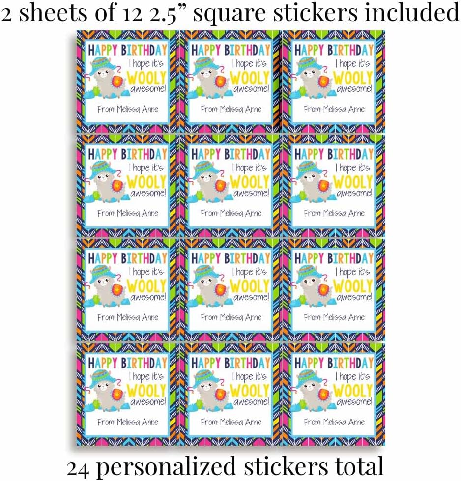 Custom & Personalized Wooly Awesome Alpaca Happy Birthday Gift Tag Sticker Labels, 24 2.5" Square