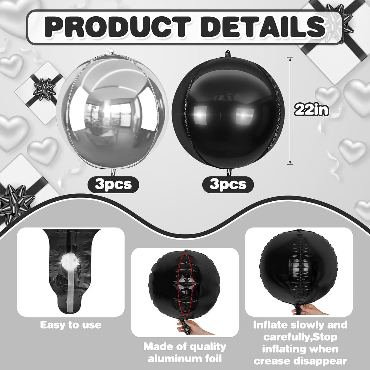 6Pcs Silver Black Round Foil Balloons,Giant 4D Round Ball Balloon,22 Inch Metallic Balloons for