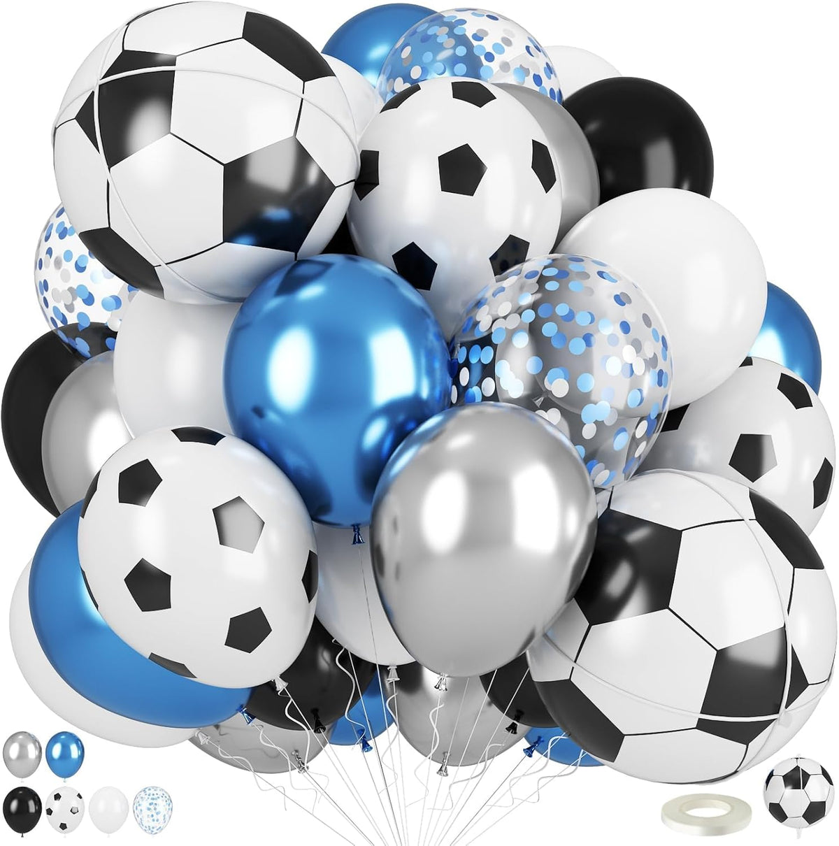 Soccer Balloons, Metallic Blue Silver Balloons with 18 Inch Soccer Ball Foil Print Balloon for