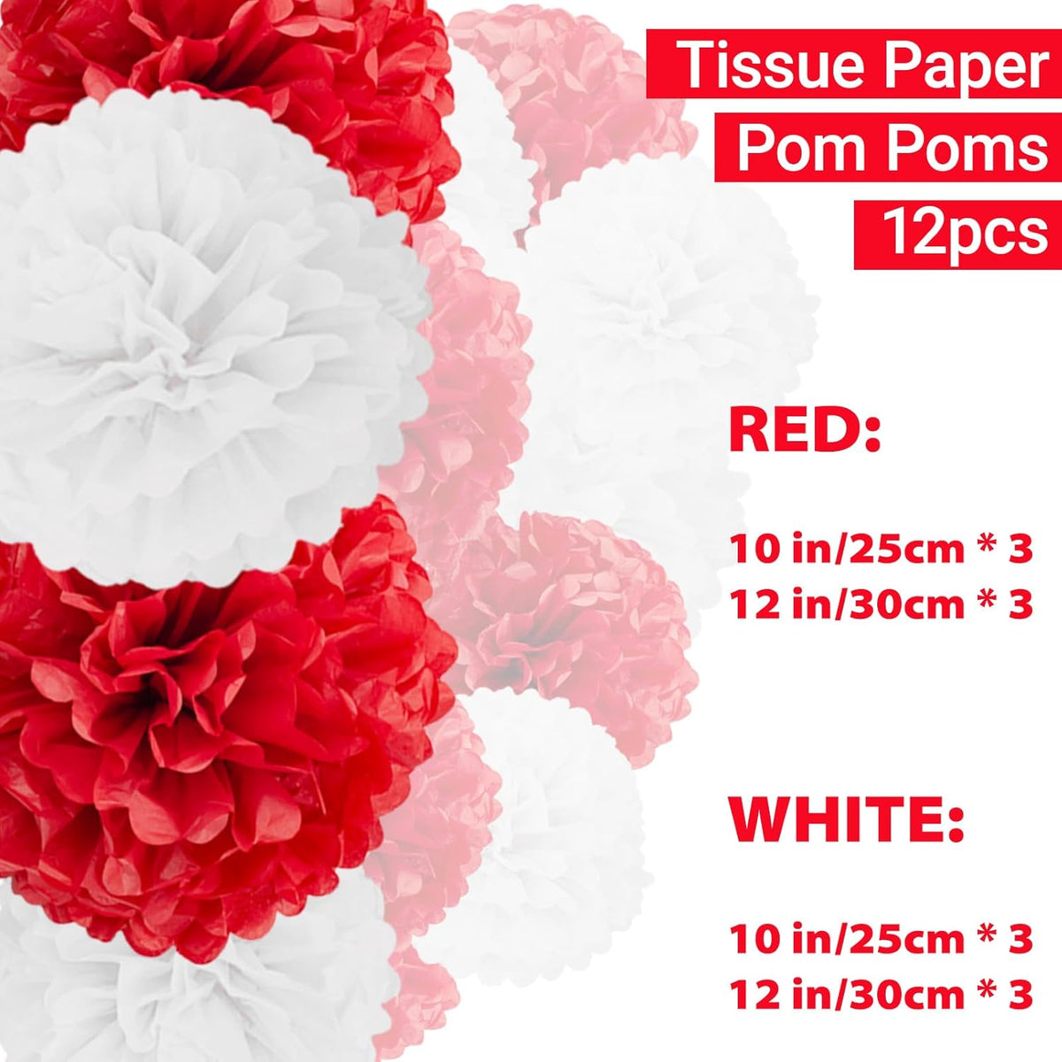 Capesaro Red and White Paper Pom Poms - 10",12" Tissue Pom Poms Decorations for Party Hanging Decor