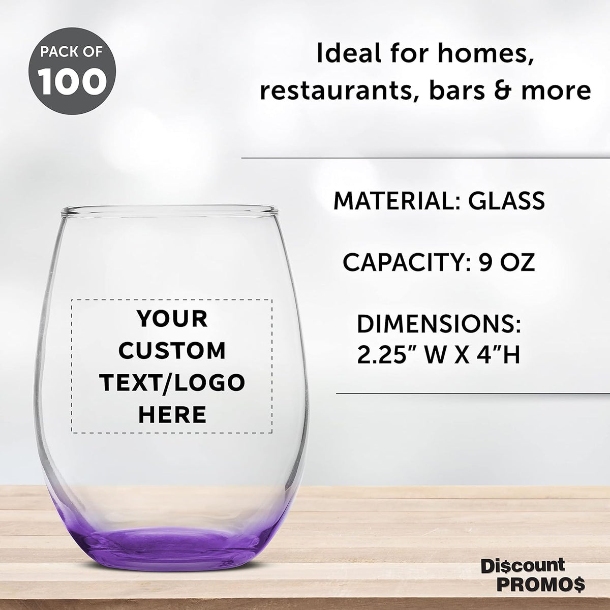 Custom Stemless Wine Glass 9 oz. Set of 100, Personalized Bulk Pack - Great for Wedding Favors