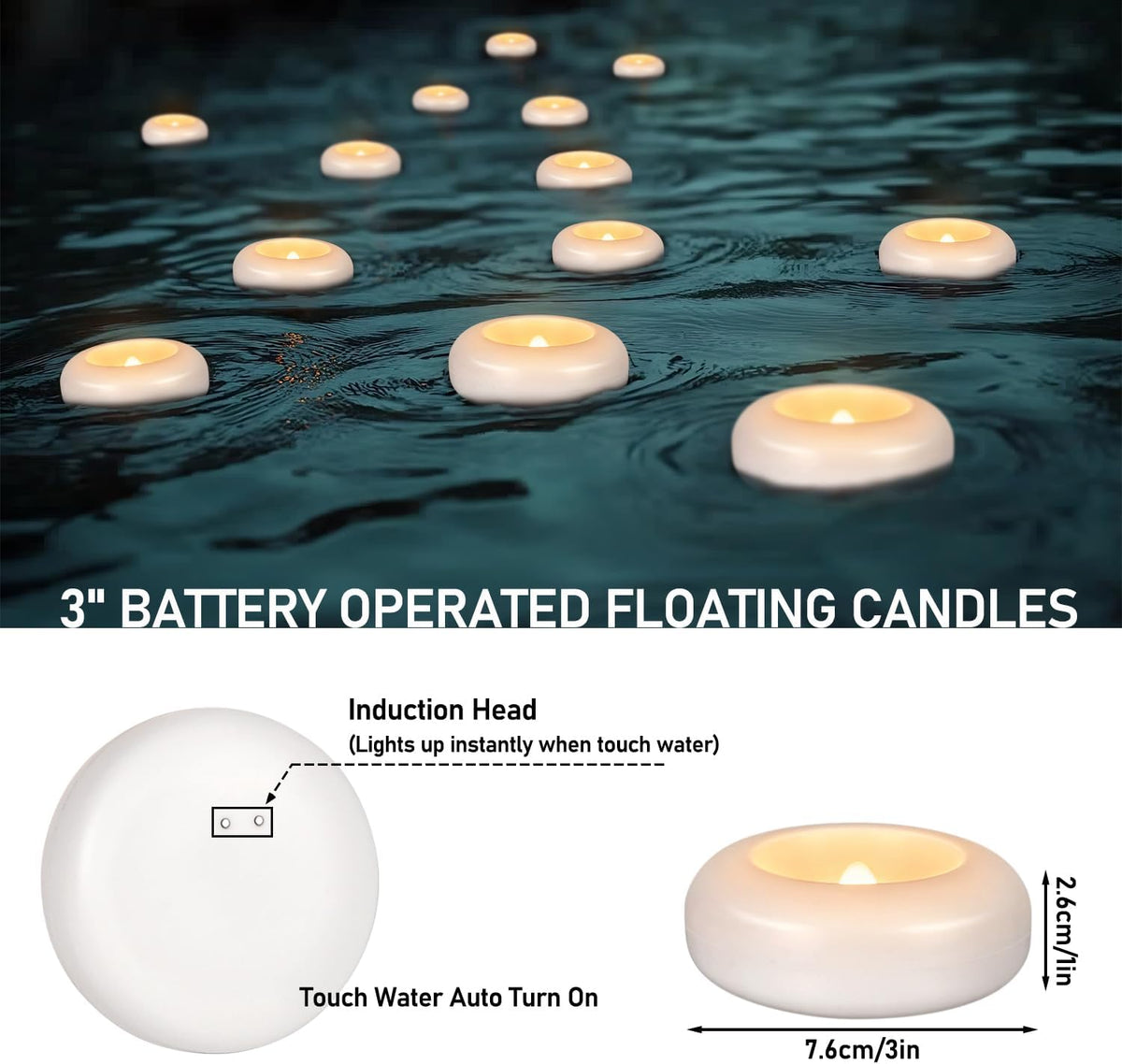 24 Pack 3”Floating Candles Water-Activated Flameless LED Candle, 120 Hour White Battery Operate