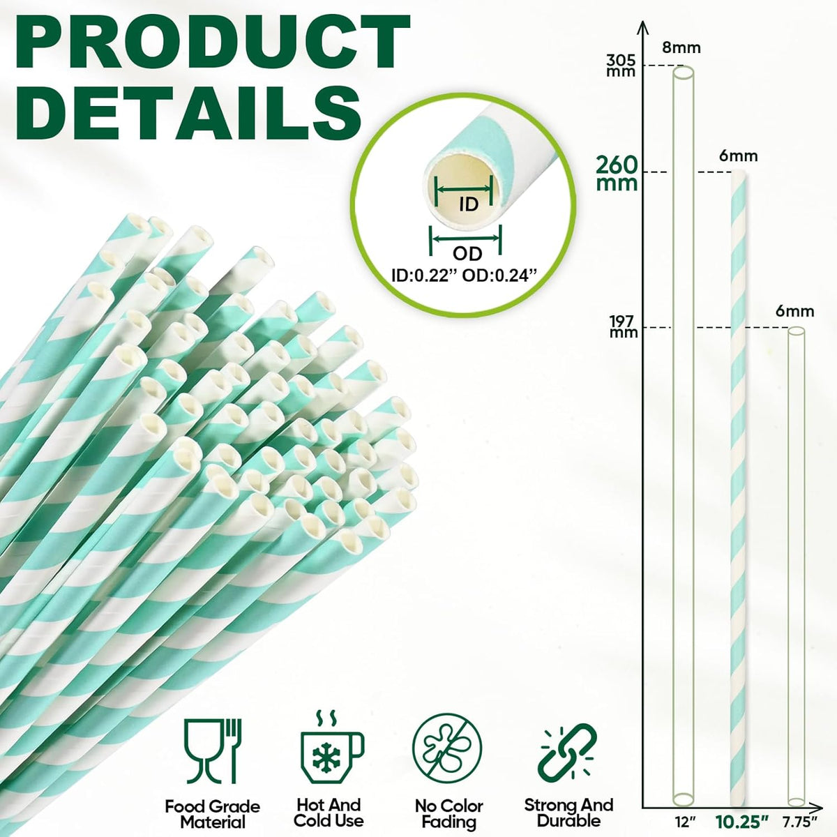 Aqua Paper Straws 10 Inch Extra Long - for Tall Drinks, Baby Shower, Parties, Cocktails - 100 Counts