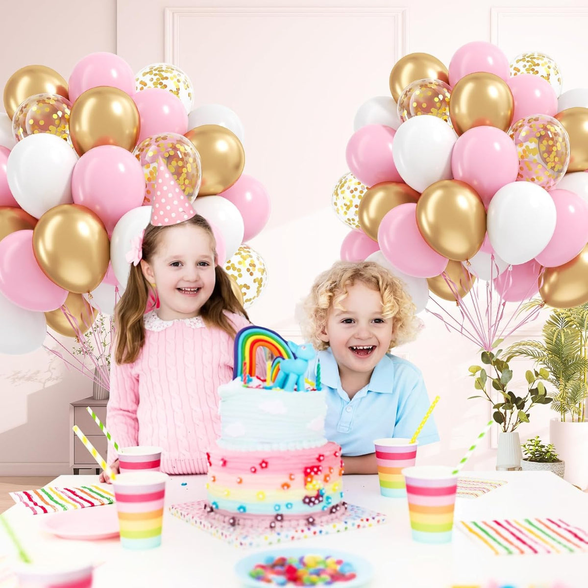 60pcs Pink and Gold Balloons 12inch, Pink and White Balloon with Metallic Gold Confetti Balloons