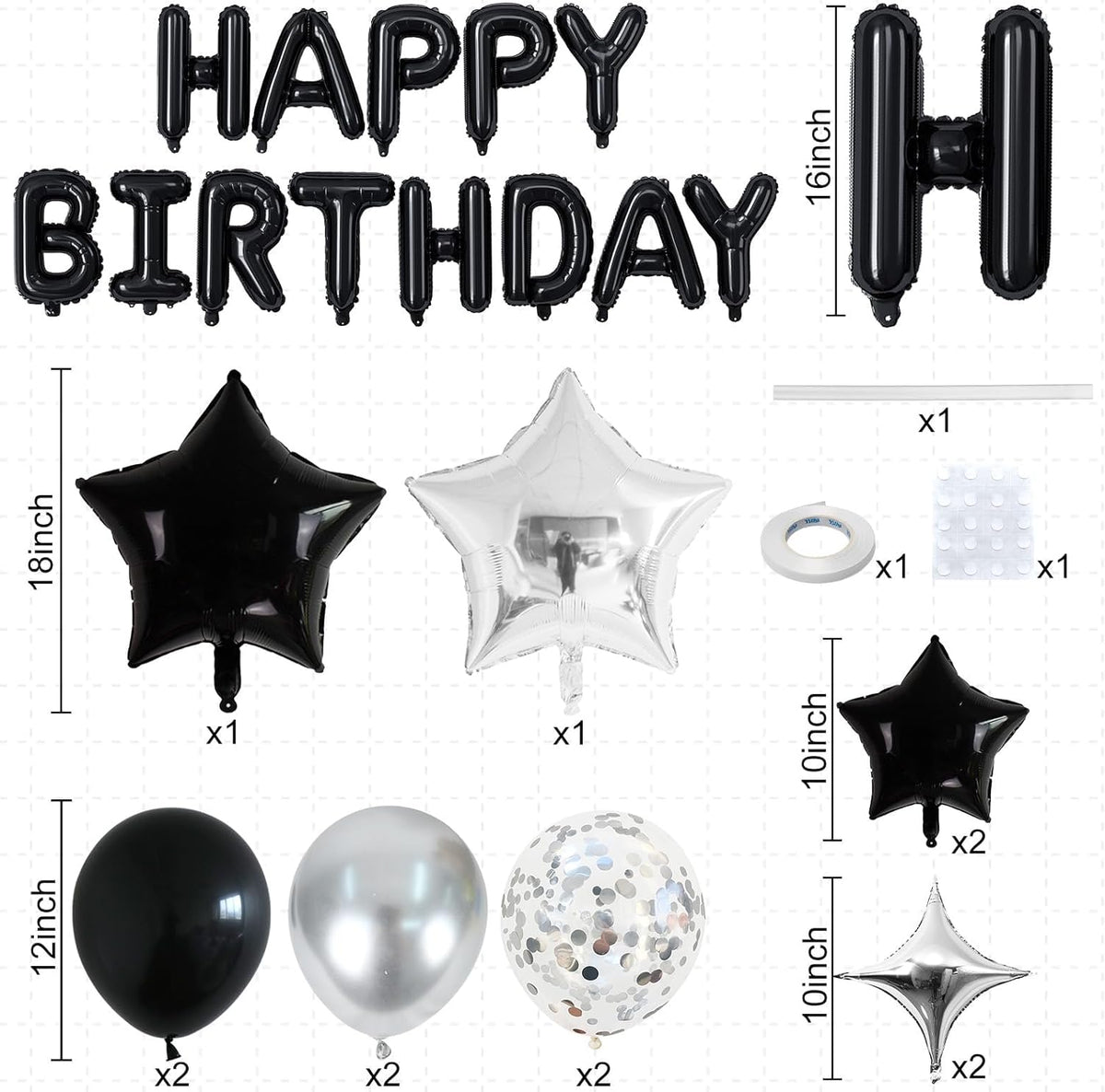 Happy Birthday Balloon Banner Black Silver, 16 Inch Mylar Foil Letter Balloons, Reusable Birthday