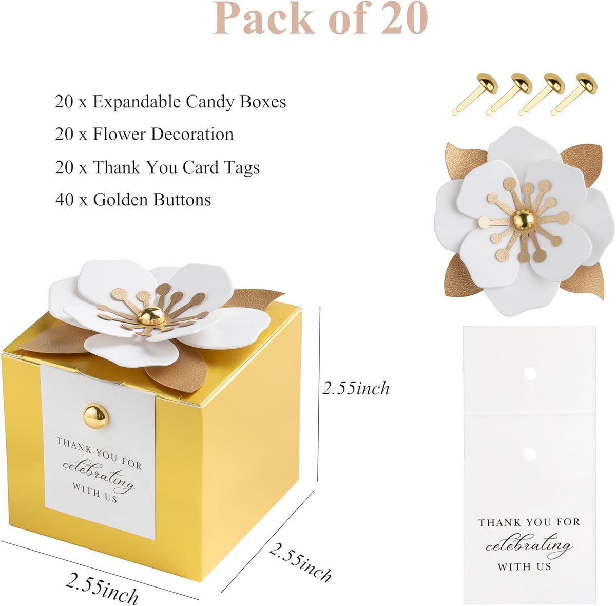 FEIYI 20 PCS Candy Boxes, 3 In 1 Gold Favor Boxes with Floral Decor, White Thank You Tags Gift