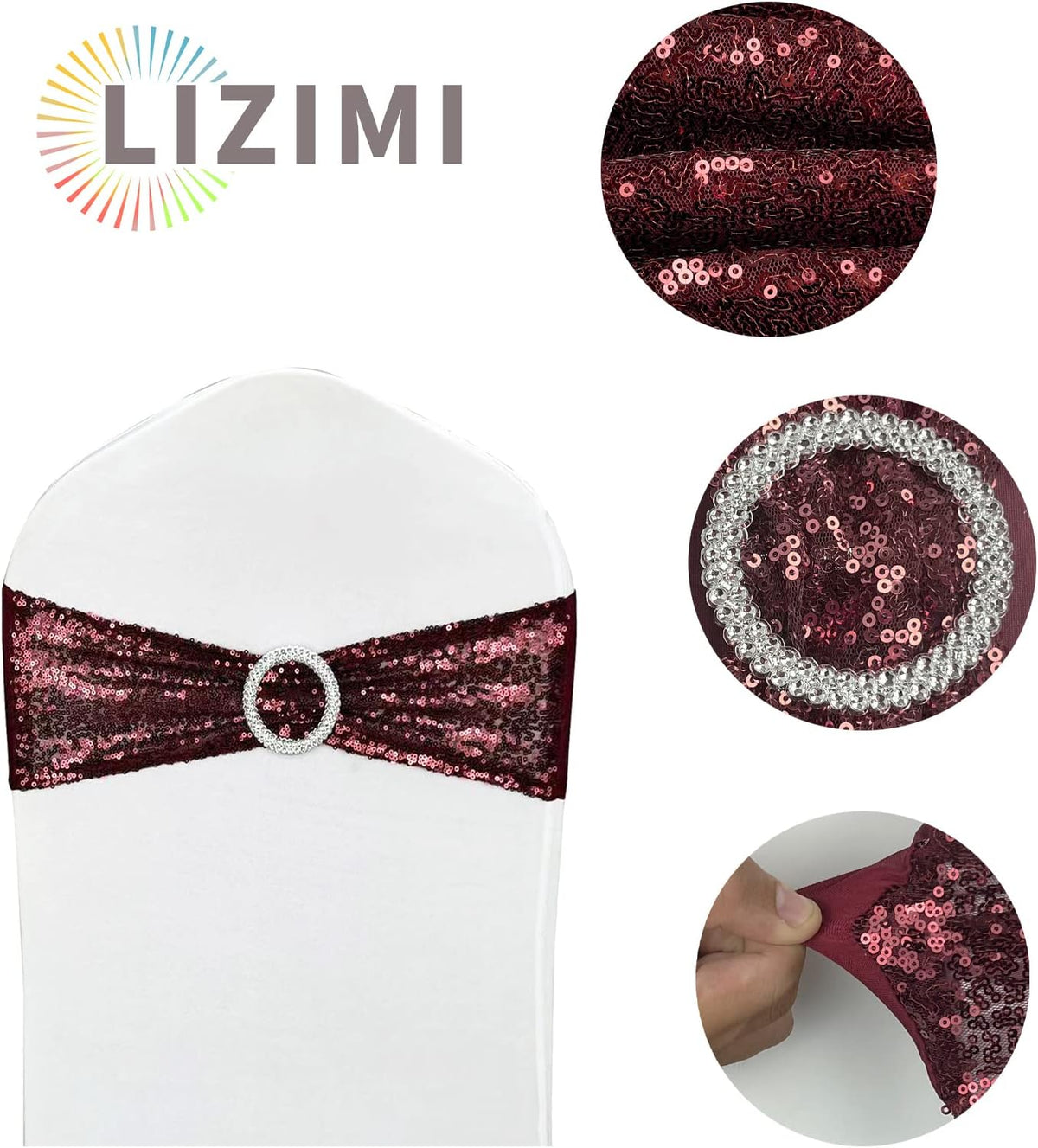 10 Pcs Sequin Chair Sashes Stretch Chair Bands Spandex Polyester Bows for Party Hotel Wedding