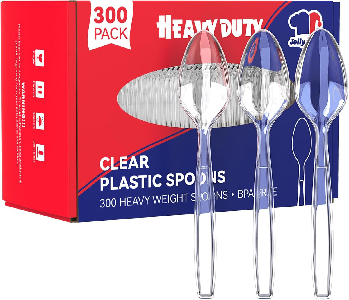 JOLLY CHEF 300 Count Clear Plastic Teaspoons Heavy Duty, 6.54" Heat Resistant Solid and Durable