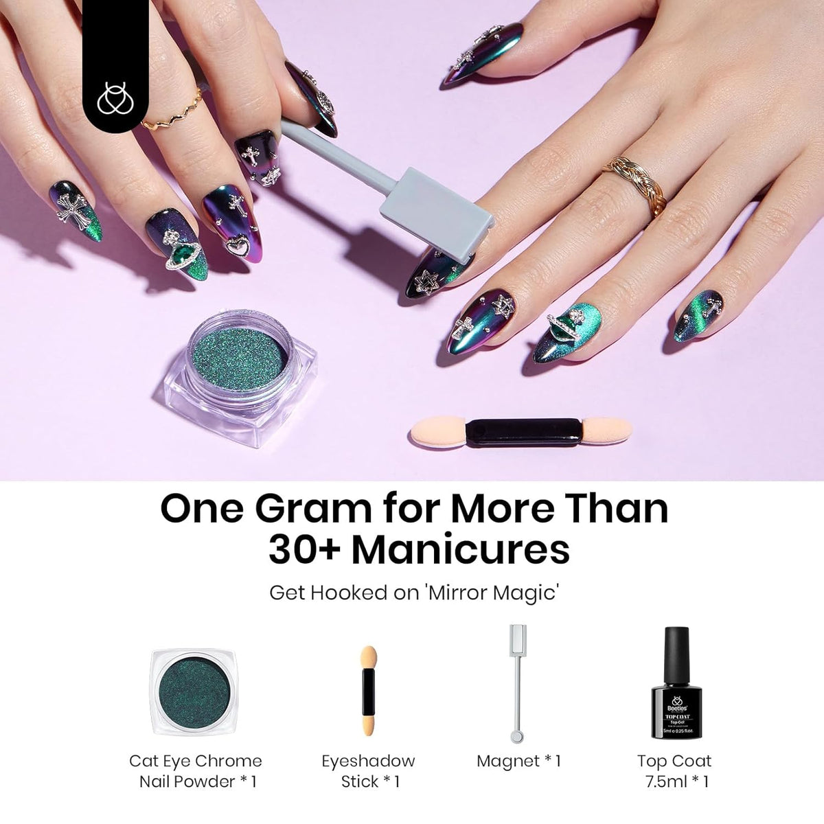 Beetles Cat Eye Chrome Nail Powder Set, 2 in 1 Holographic Metallic Mirror Effect Chameleon Galaxy