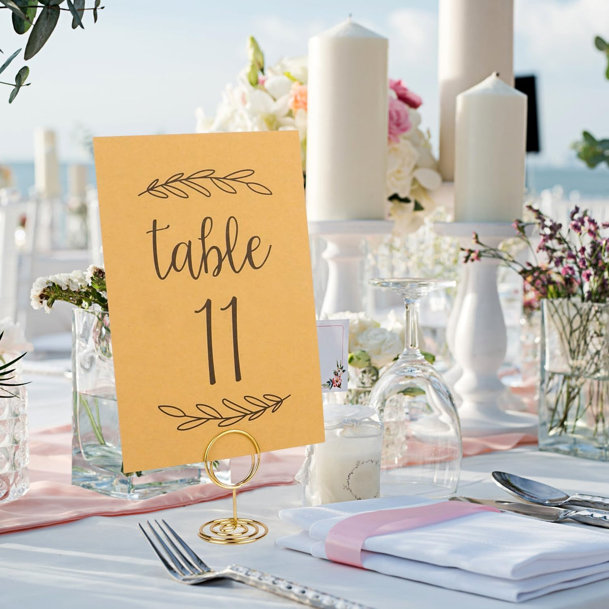 Wedding Table Numbers 1-25, 25 Karft Cards with 25 Gold Holders, 1 Set of 25 Table Numbers for