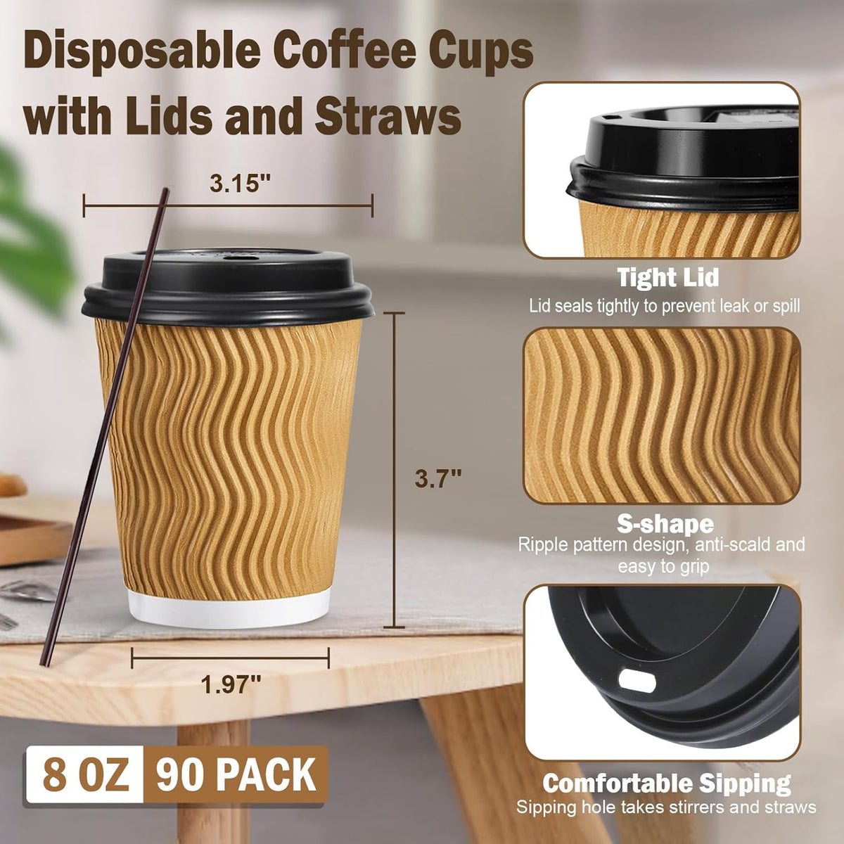 SIUQ 90 Pack - 8 oz Disposable Coffee Cups with Lids and Straws,To go Coffee Cups,Insulated