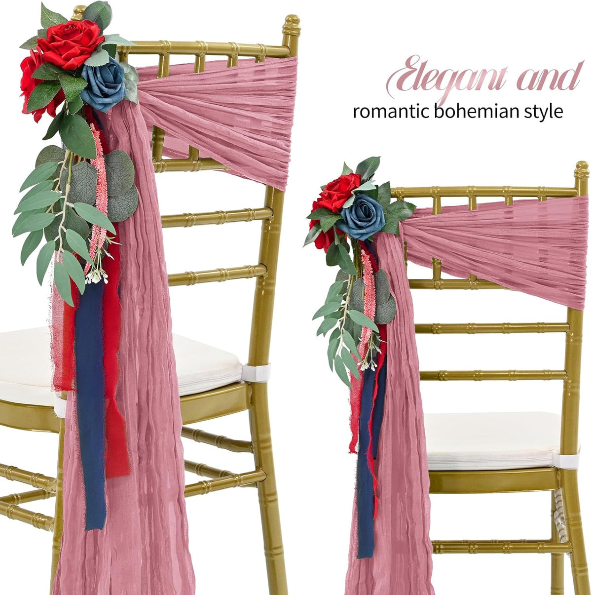 50 PCS Cheesecloth Chair Sashes Bows Wedding Aisle Decorations Chair Ribbon Ties Back Sash for