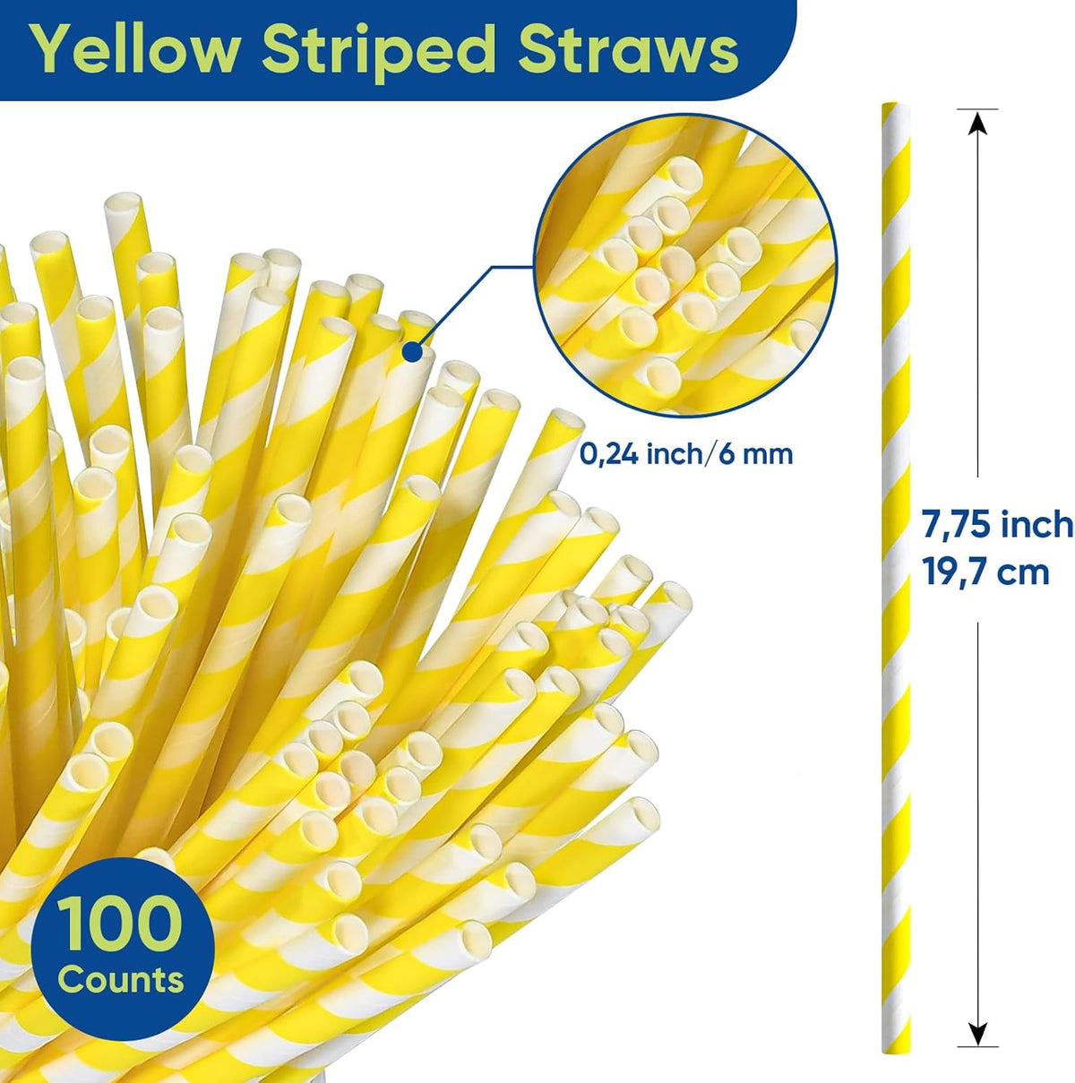 Eco-friendly Yellow White Striped Disposable Paper Drinking Straws 7.75'' x 0.24'' 100 Counts - for