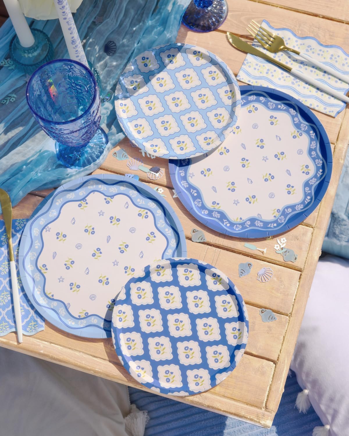 xo, Fetti Blue Coastal Paper Plates | 32 pcs, 2 sizes | Nautical Bachelorette Decorations, Seaside