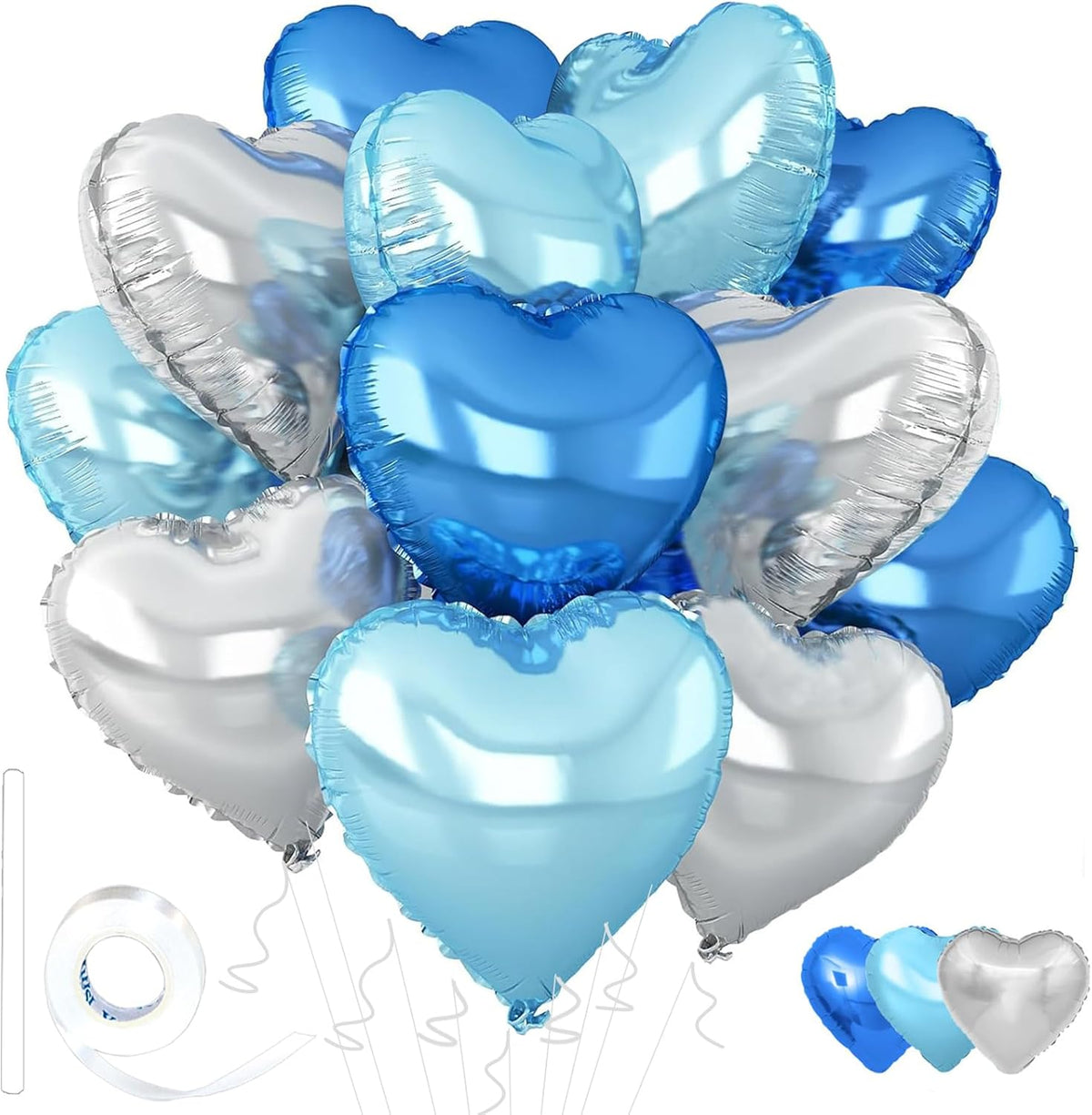 Silver Heart Balloons,18inch Bright Blue Heart Shaped Foil Balloons & Blue Helium Mylar Balloon for