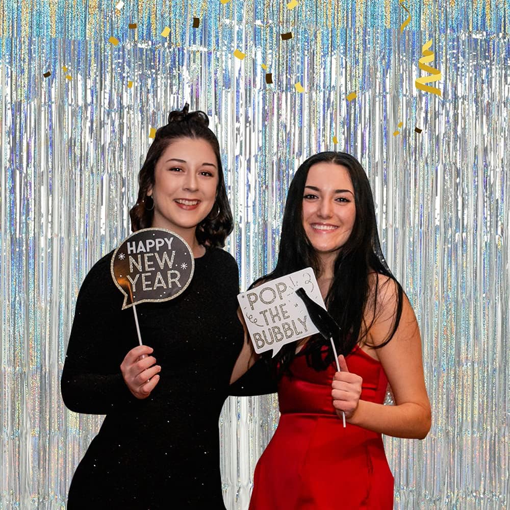 TONIFUL 3Pcs Laser Silver Door Streamers,Laser Silver Photo Booth Backdrop Metallic Streamers Foil