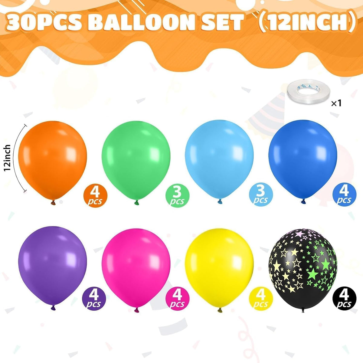 Neon Balloons, 12 Inch Yellow Orange Hot Pink Dark Blue Purple Lime Green Neon Star-Shaped Rainbow
