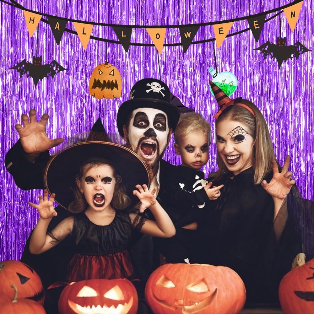 3 Pack Purple Streamers Backdrop Curtain Halloween Party Decorations Purple Tinsel Foil Fringe