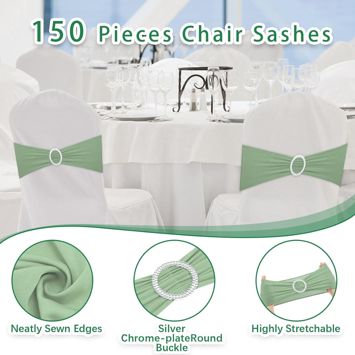 CHENGU 150 Pieces Spandex Stretch Chair Sashes Bows Elastic Chair Cover Bands Ties with Buckle