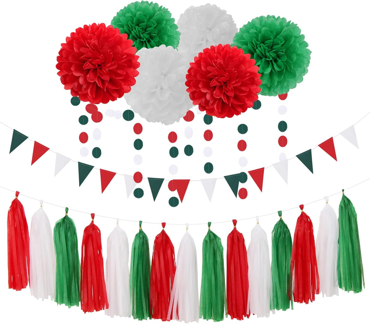 Red-Green White Party-Decorations - 23pcs Mexico Italy Tissue Pom Poms Streamers,Tassel Garland