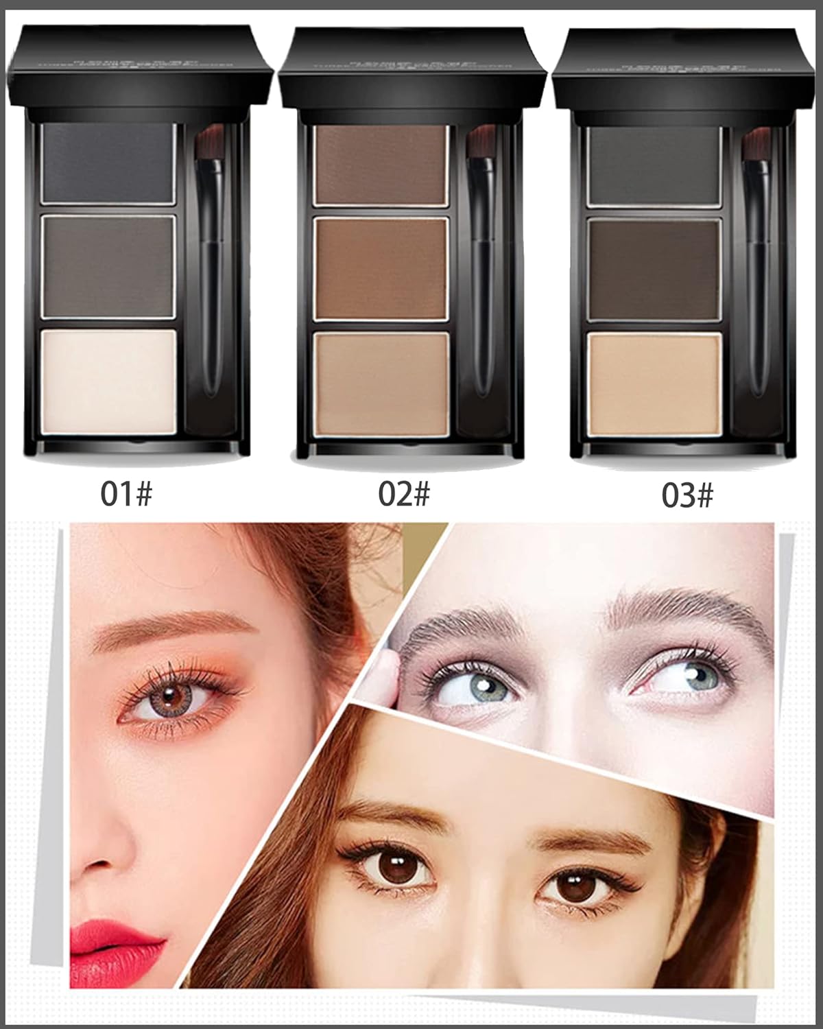 Eyebrow Powder Makeup Kit-3 Colors Eye Brow Powder Palette Long-Lasting Waterproof, Grey Brown