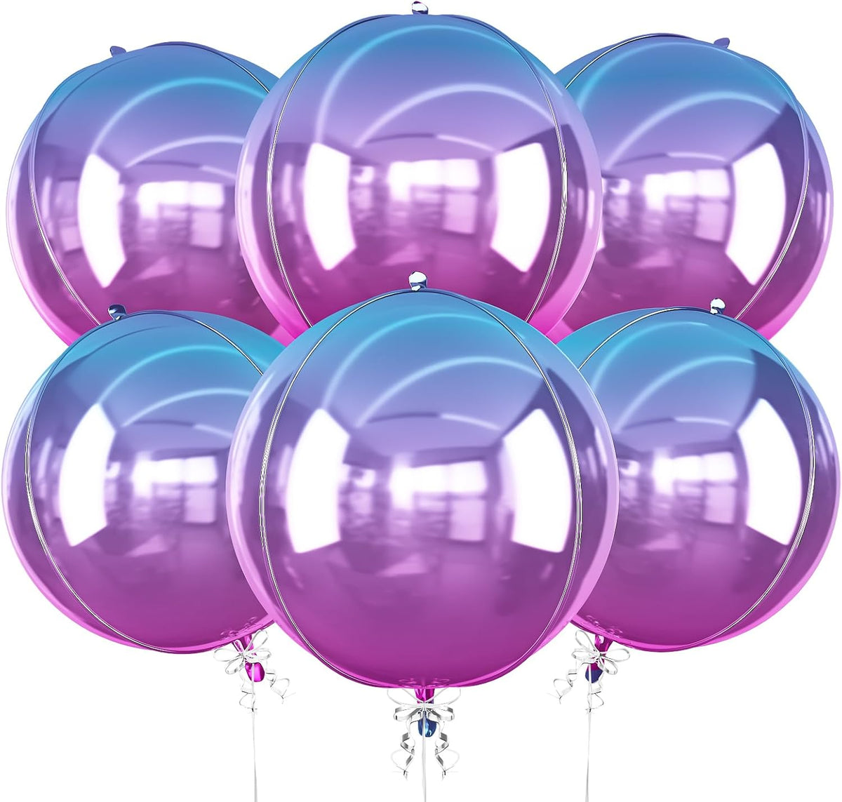 6Pcs Gradient Purple Round Foil Balloons, 22" Large Helium Ball Mylar Balloon, Metallic Purple Foil