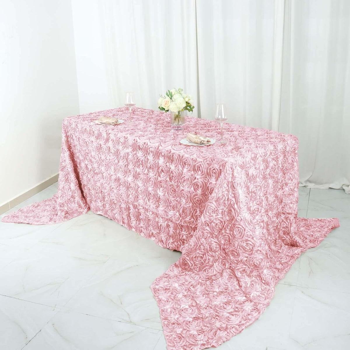 Efavormart 90"x156" Wholesale Rectangle Table Cover Blush Grandiose Rosette 3D Satin Tablecloth for