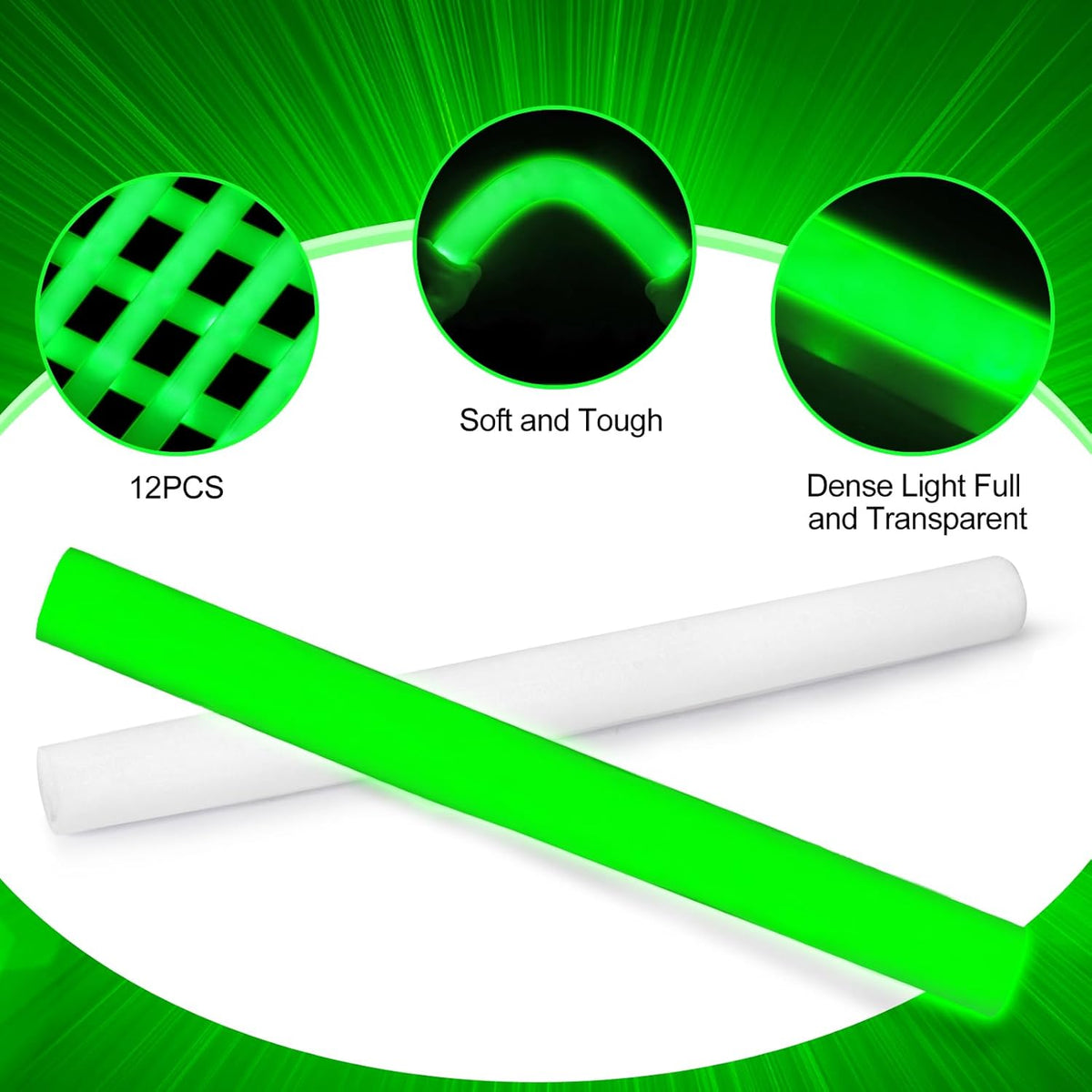 Glow Foam Sticks Bulk, 24 Pcs Green Giant LED Light Up Sticks Flashing Glowing Baton Wands Party