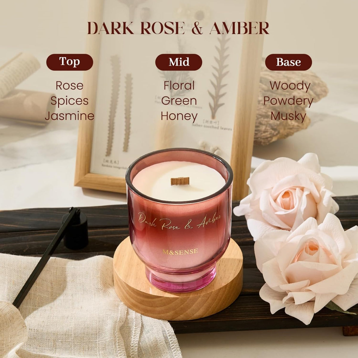 M&SENSE 9.88oz Natural Soy Wax Jar Candle with Wooden Wick | Dark Rose Amber Scent | 55-Hour Burn &
