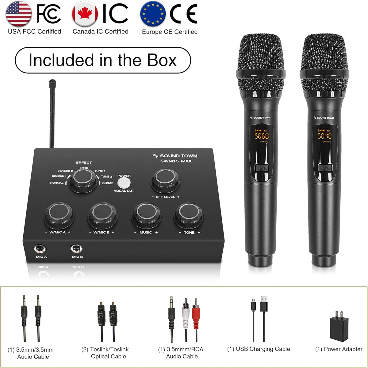 Sound Town 16 Channels Wireless Microphone Karaoke Mixer System w/ 2 Wireless Mics, HD ARC, Optical