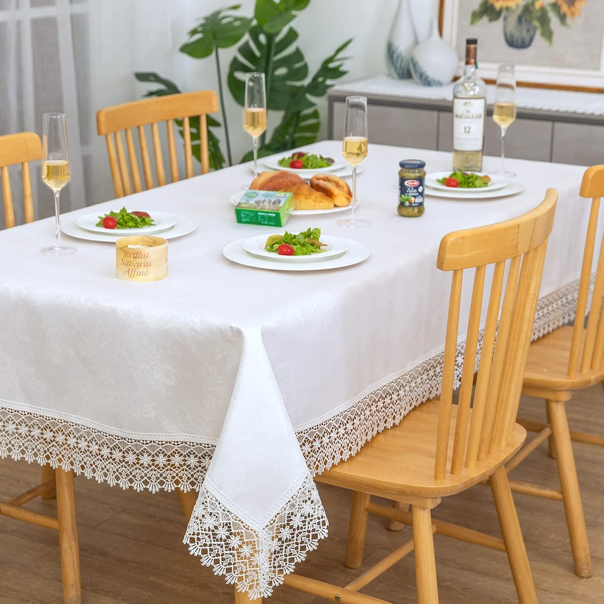 White lace Premium Rectangle Farmhouse Tablecloth Waterproof OilProof SpillProof AntiShrink Soft