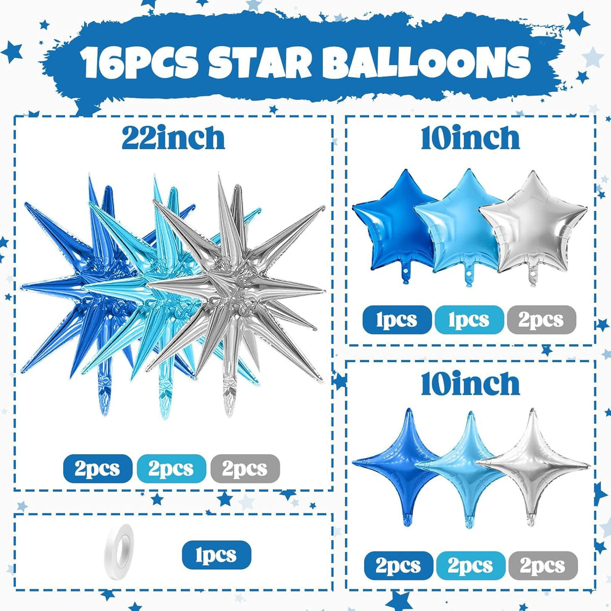 Blue Silver Star Balloon,16Pcs Star Foil Balloons Set with 22Inch Explosion Spike Cone Balloons and