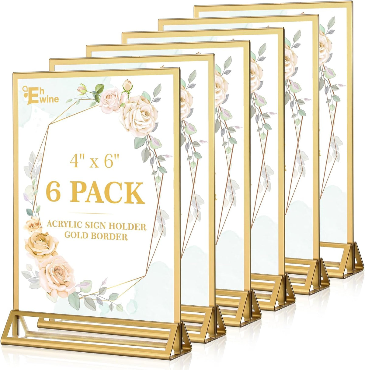 EHWINE 6 Pack Acrylic Sign Holder 4 x 6, Double Sided Gold Picture Frame Stand up Table Top Sign