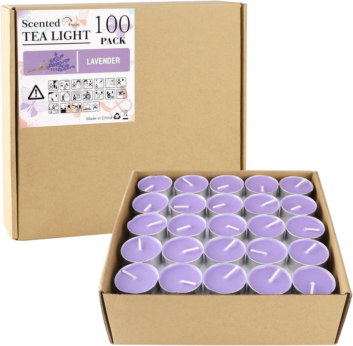 Purple Lavender Scented Tealight Candles - 4 Hours - Giant 100 Bulk Packs - Smokeless Tea Lights
