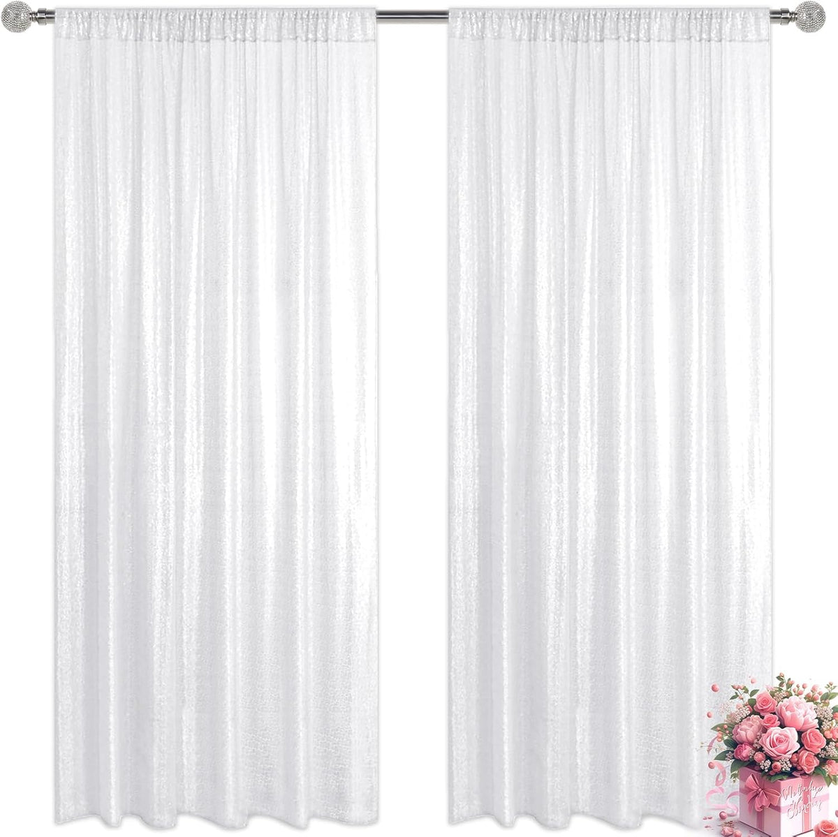 White Sequin Backdrop Curtain 2 Pieces 2FTx8FT Glitter Photography Backdrop for Party Wedding