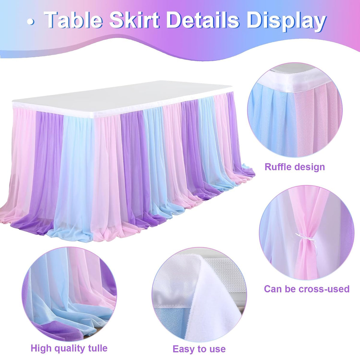 6ft Pink Blue Purple Tulle Table Skirts for Mermaid Baby Shower Birthday Party Wedding Pastel Tutu