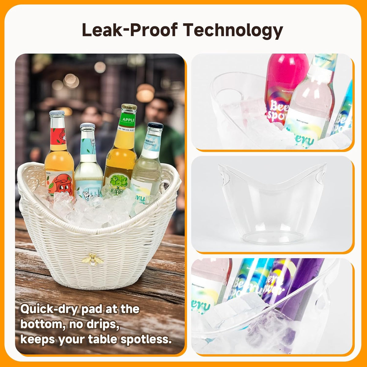 Lexenic Ice Bucket with Handle Hole, Woven and Acrylic Double Layer Basket Design, 4L Champagne