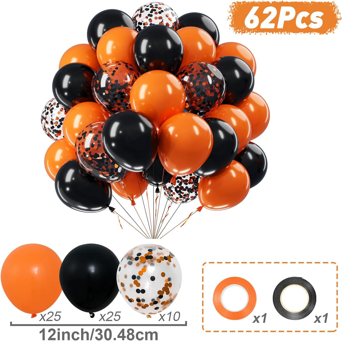 Halloween Black and Orange Balloons Set, 60Pcs 12 Inch Orange Black Confetti Latex Balloon for