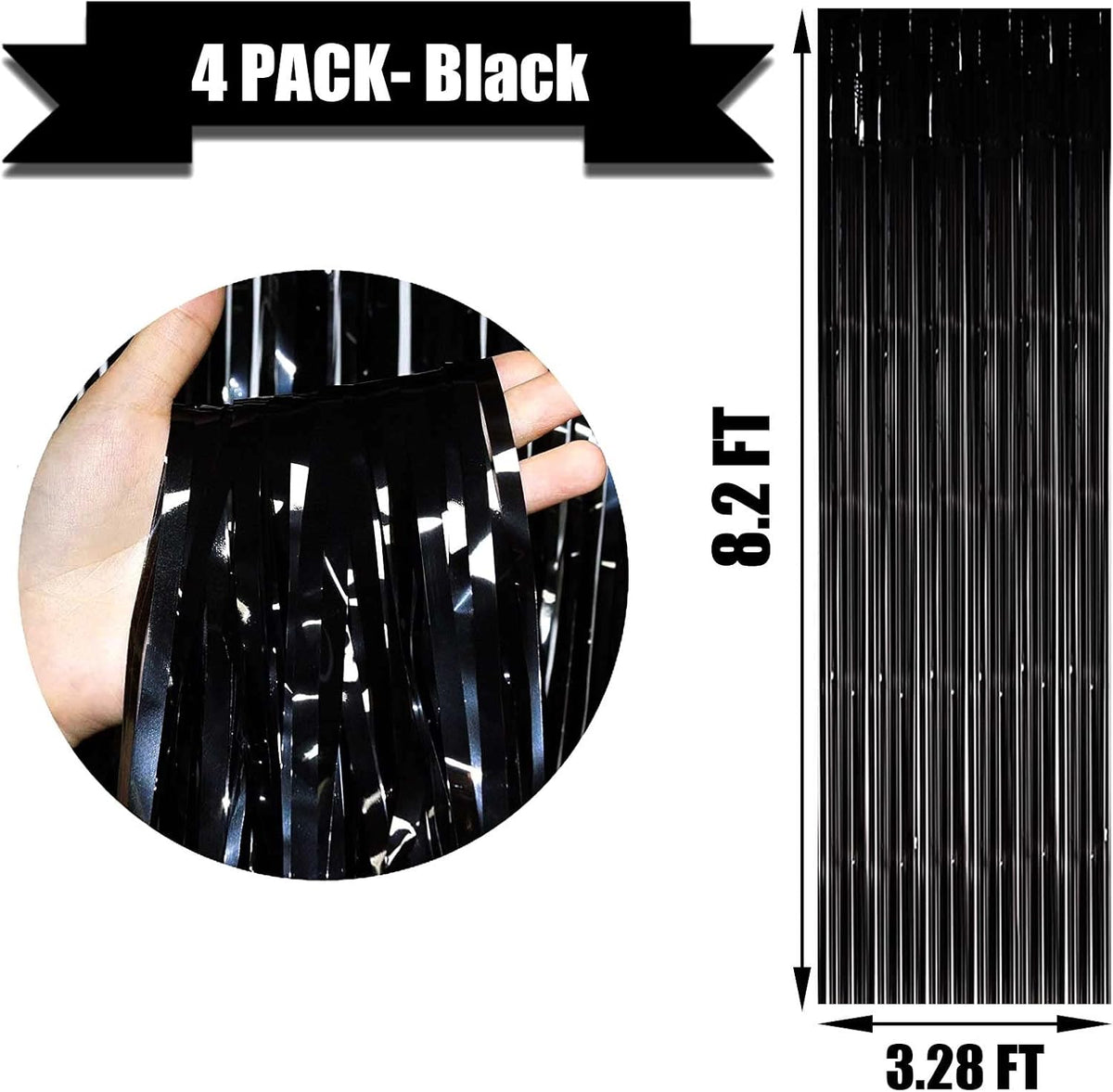 4 Pack Black Foil Fringe Curtain Backdrop, 3.28Ft x 8.2Ft Metallic Tinsel Streamers Curtains for
