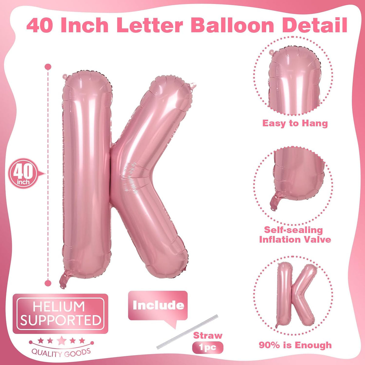 40" Balloon Letter K Pastel Pink, Large Foil Baby Pink Letter Balloons A - Z for Girls, Light Pink