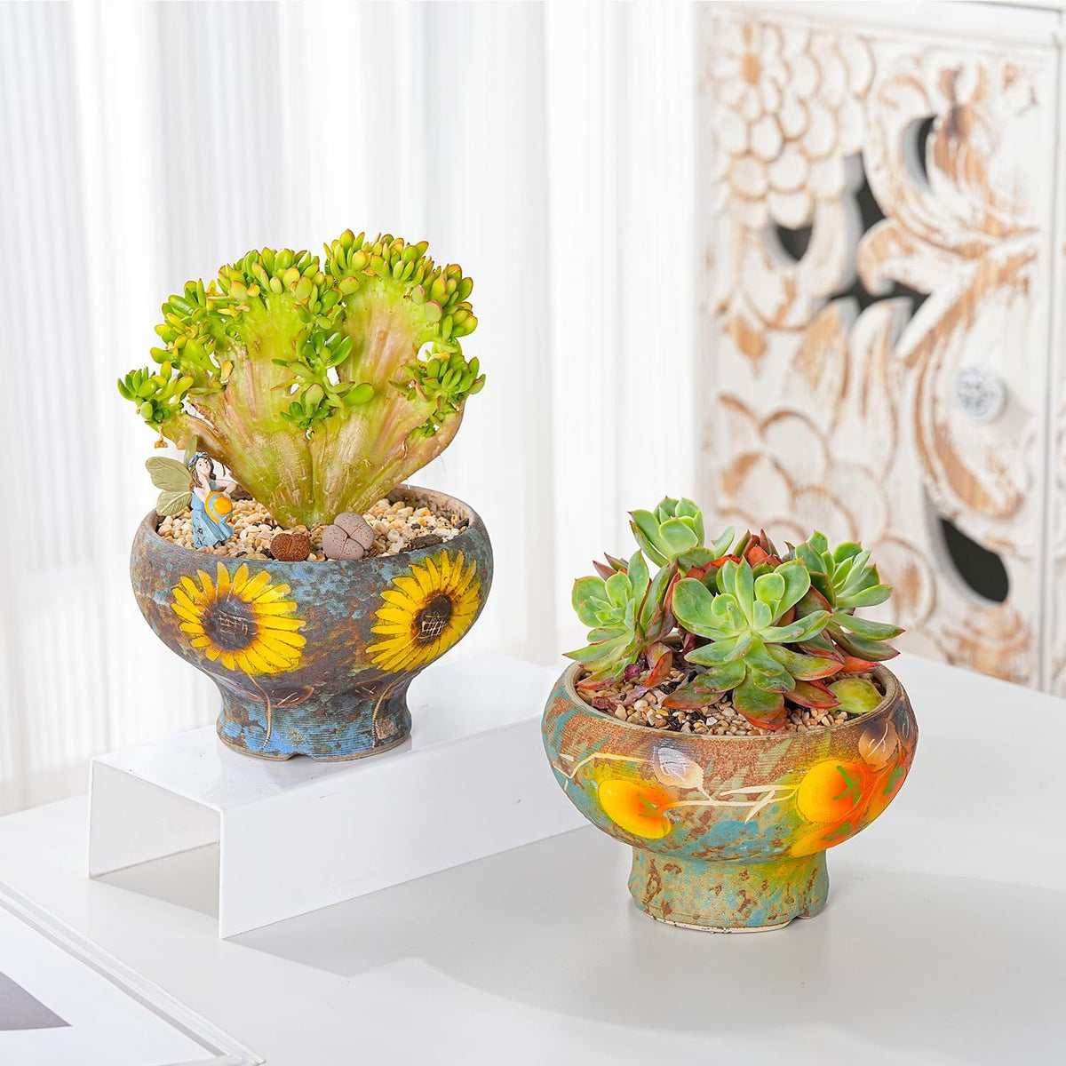 Sungmor Small Succulent Planters Set of 2, Beautiful Hand Crafted Ceramic Plant Pots Cute Cactus