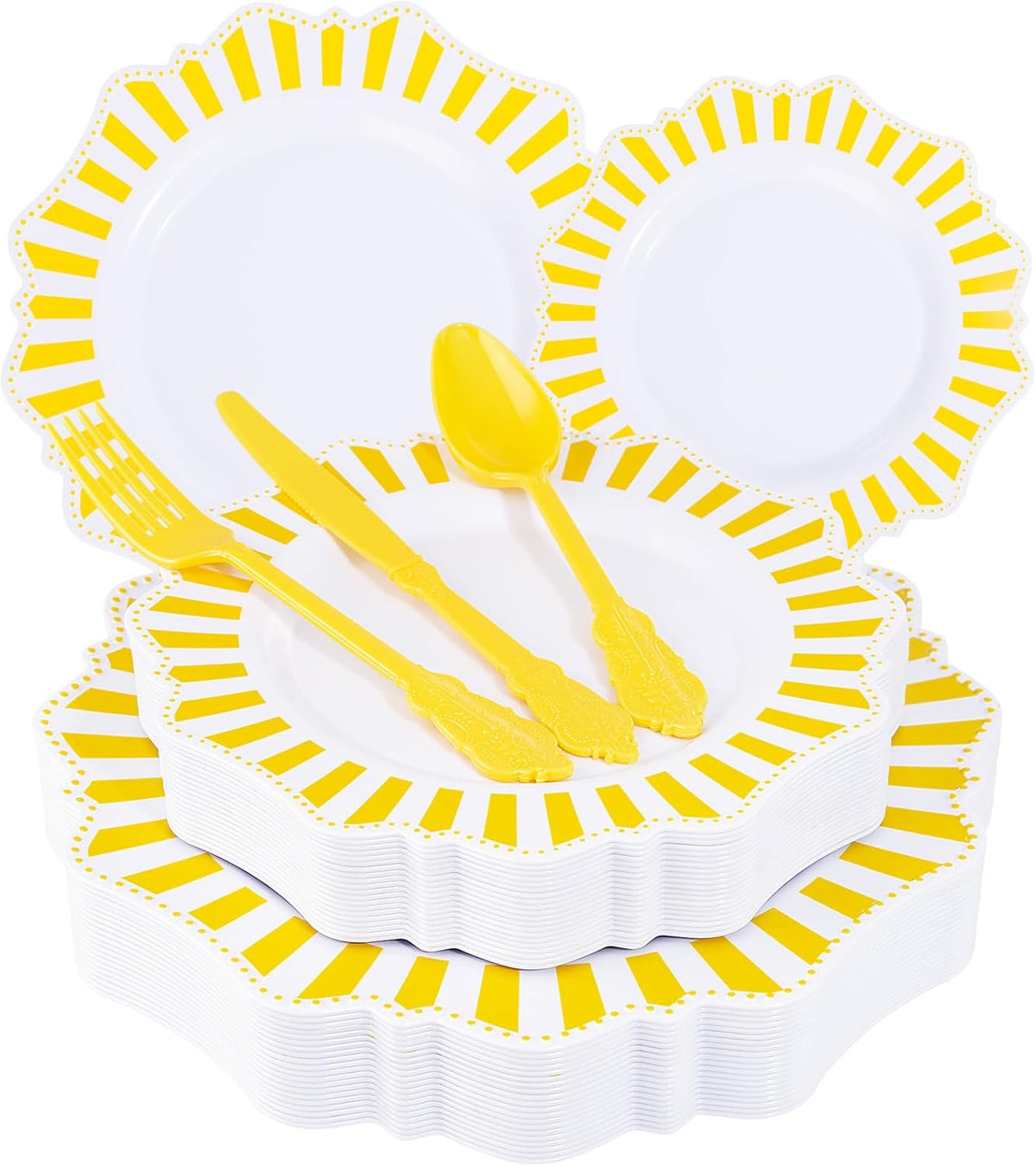 COLOSUS 150pcs Disposable White Lemon Yellow Striped Plastic Party Plates and Silverware set