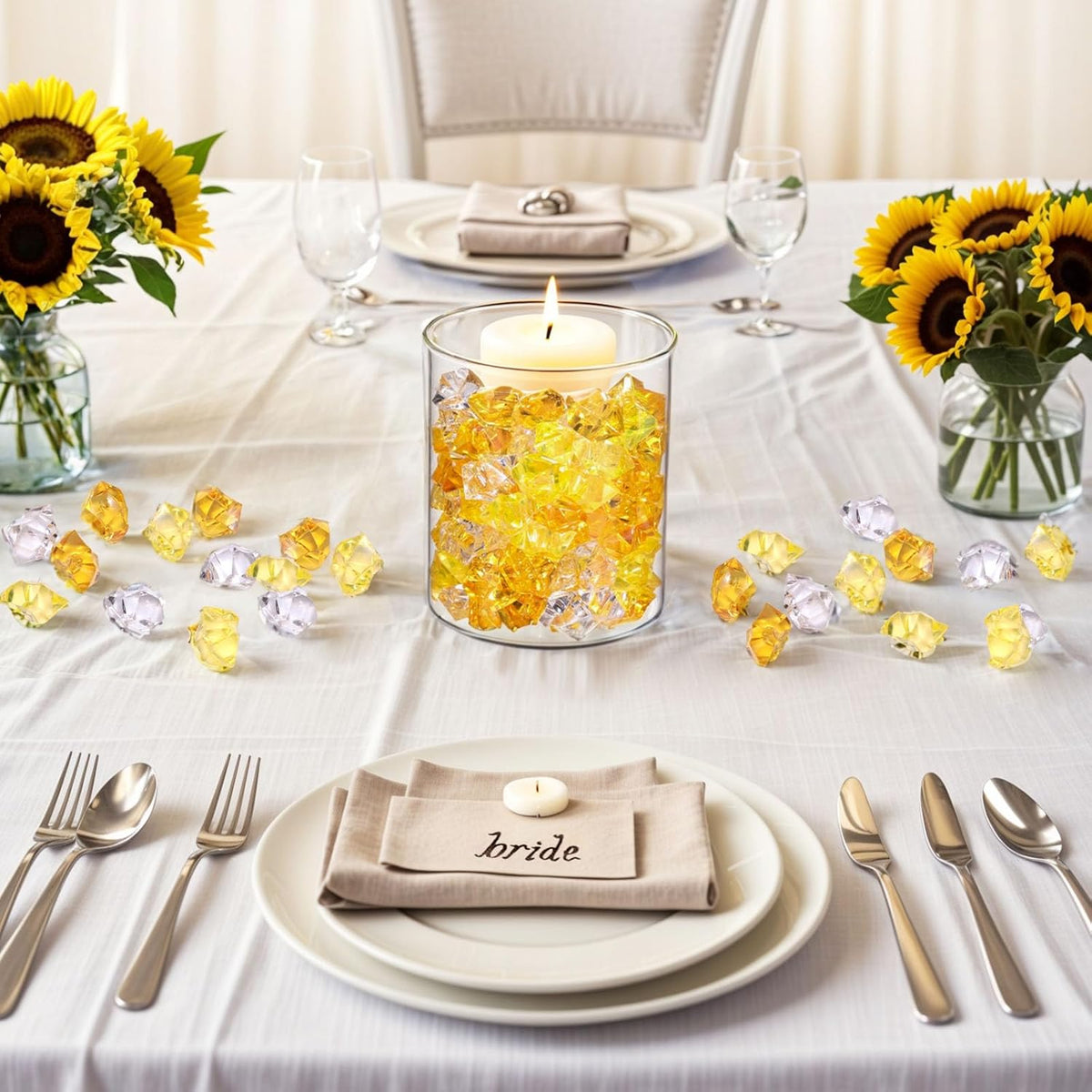 DomeStar Yellow and Orange Fake Ice, 150PCS Acrylic Fake Diamonds, Crushed Ices Plastic Gems Vases