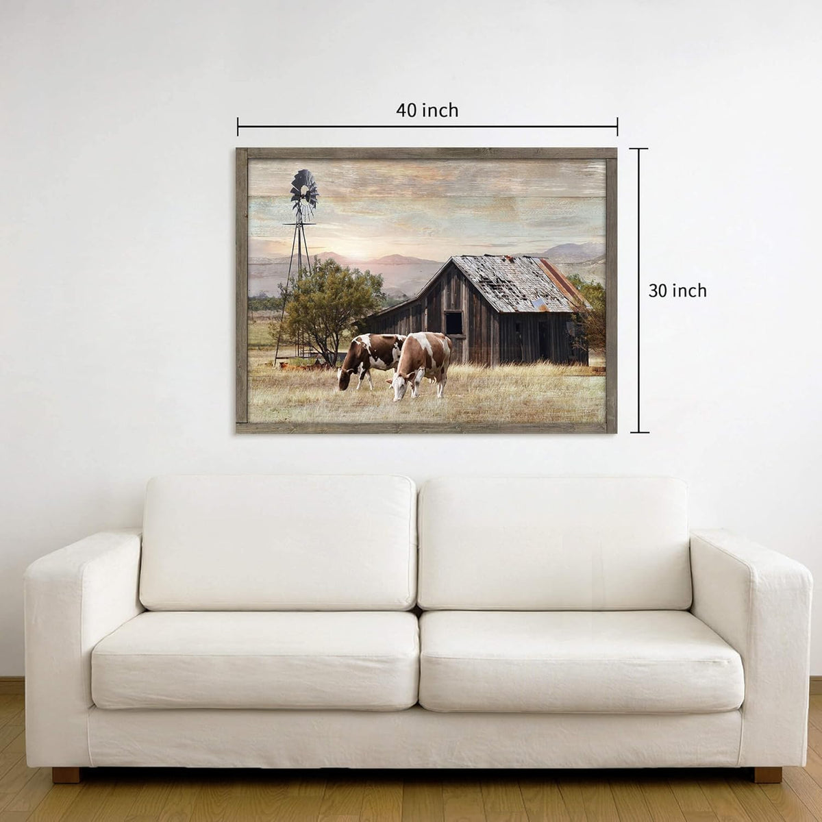 Rustic Wall Decor Barn Framed - Vintage Farmhouse Cow & Windmill Landscape Picture Artwork for Home
