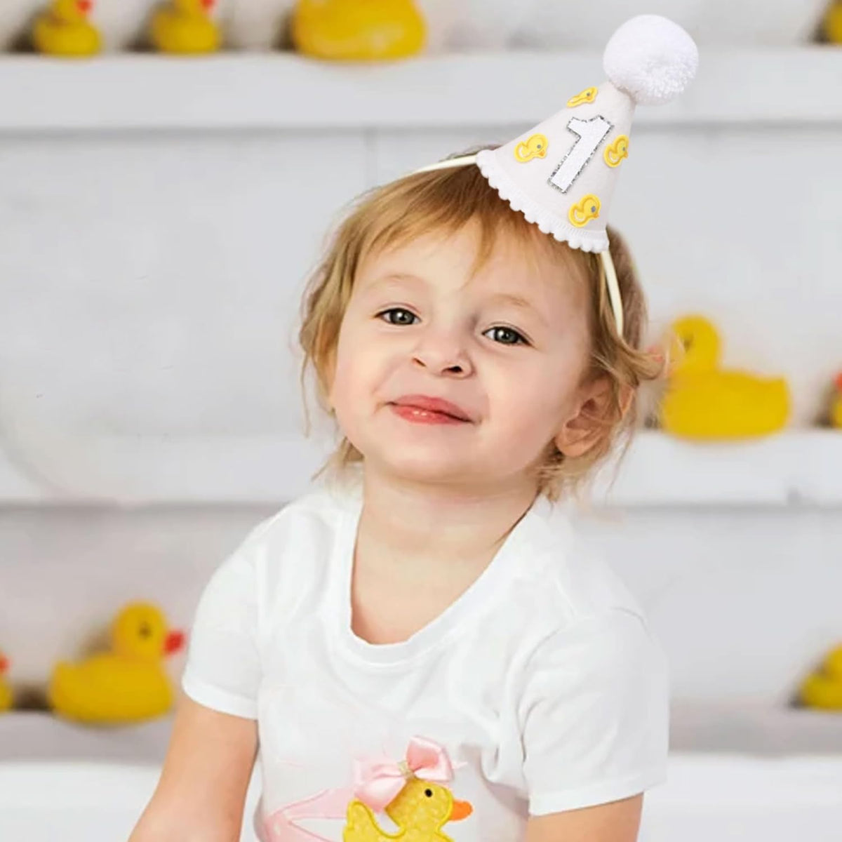 Little Yellow Duck 1st Birthday Party Hat - Duck Themed Cake Smash Decor, Yellow & White Cone Hat