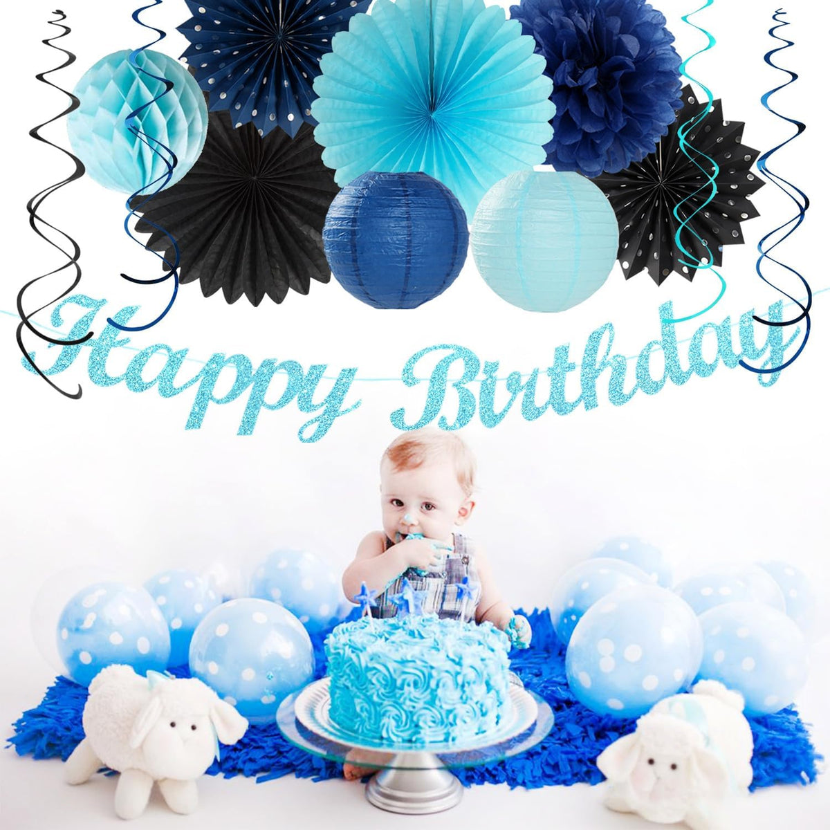 Light-Royal Navy-Blue Black Birthday Party-decorations - 21pcs Boys Men Happy Banner,Paper