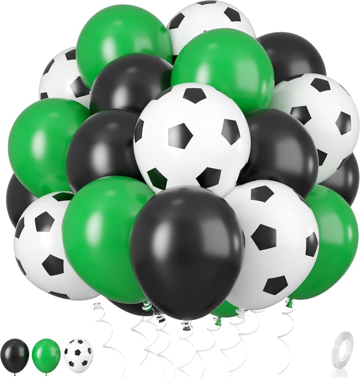 Football Balloons, 12 Inch Green Black White Latex Soccer Printed Balloons With Ribbons for Boys