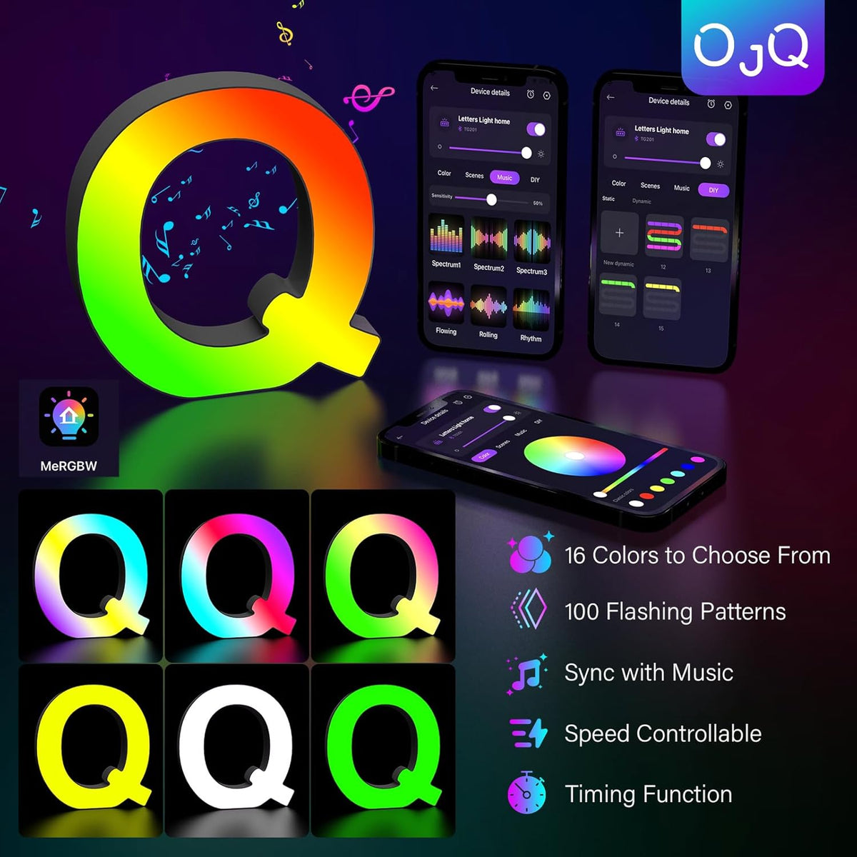 OJQ Light Up Letters LED Letter - Marquee Letters Room Decor Alphabet Letter Music Sync Color