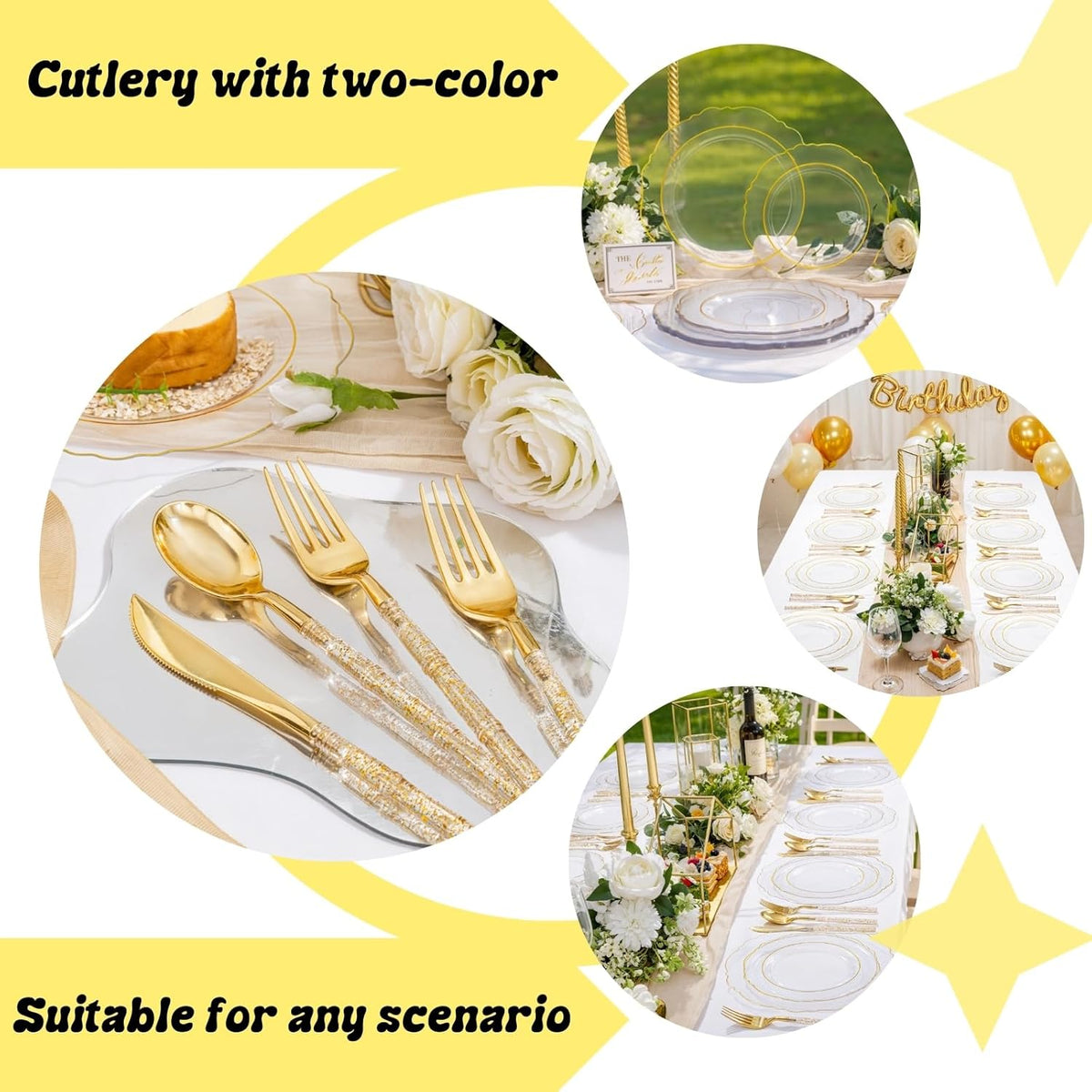 Liacere 150PCS Clear Gold Plastic Plates - Disposable Plastic Silverware with Glitter Bamboo Handle