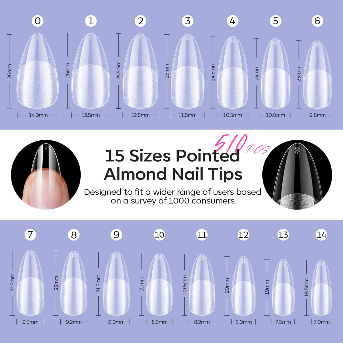Modelones Pointed Almond Fake Nail Tips - 510Pcs Medium Gel Tips Pre-shaped Half Matte Full Cover